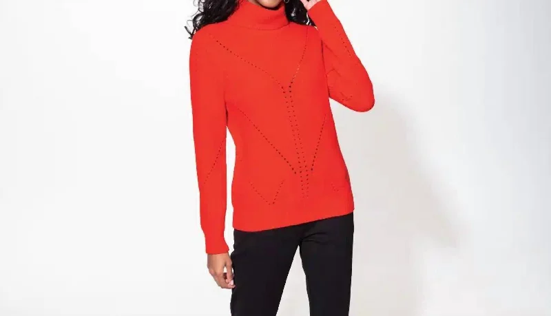 Cowl Neck Sweater In Red Houndstooth Herringbone Solid