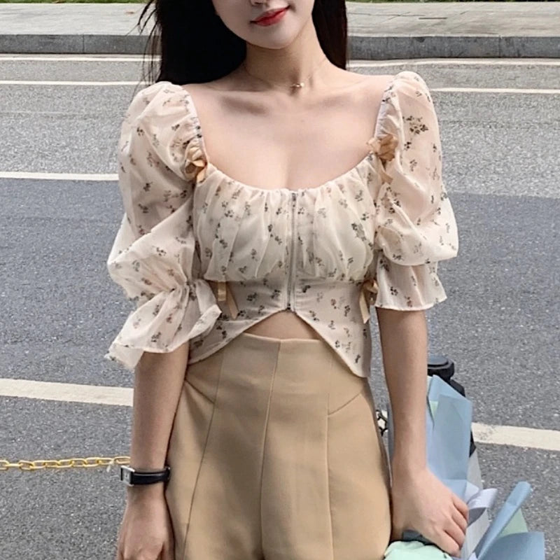 Wjczt Puff Sleeve Floral Chiffon Blouses Women Summer Short Korean Design Fairy Shirts Tops Casual Chic Evening Party Y2k Clothes 2024 Feminine Puff Blouse Wjczt Puff Sleeve Floral Chiffon Blouses Women Summer Short Korean Design Fairy Shirts Tops Casual Chic Evening Party Y2k Clothes 2024 Feminine Puff Blouse