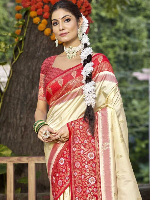 Women Cream Silk Saree With Un Stitched Blouse Feminine Satin Blouse