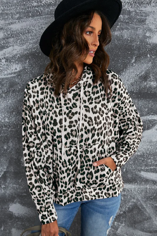 Leopard Print Drawstring Hoodie with Kangaroo Pocket Hoodie with Fur Luxurious Winter Leopard Print Drawstring Hoodie with Kangaroo Pocket Hoodie with Fur Luxurious Winter