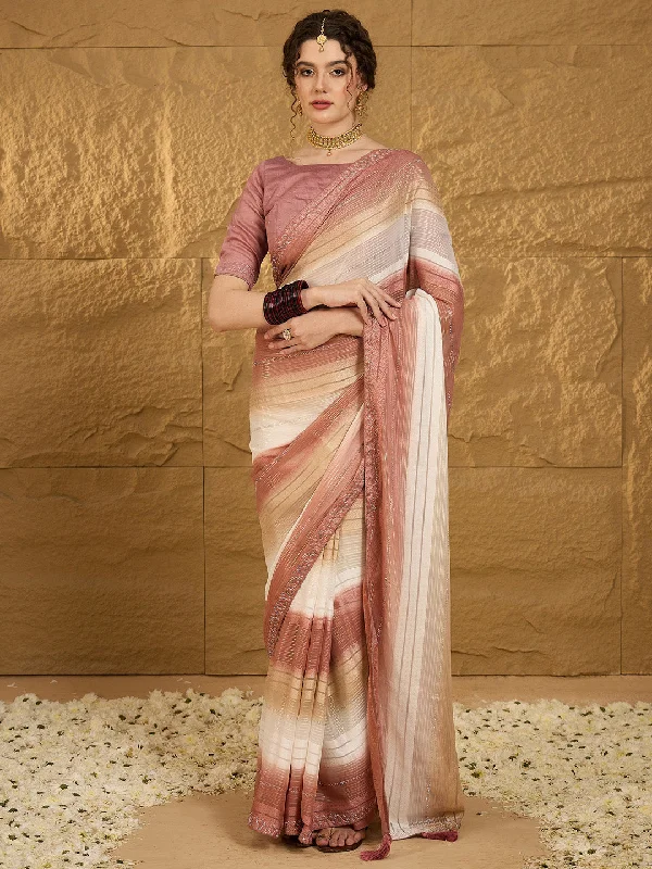 Women's Chiffon Brown Embellished Designer Saree With Blouse Piece Gathered Detail Blouse Women's Chiffon Brown Embellished Designer Saree With Blouse Piece Gathered Detail Blouse
