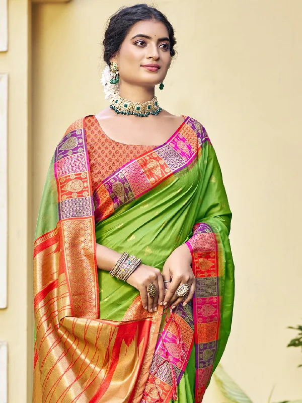 Women Sea Green Silk Saree With Un Stitched Blouse Peter Pan Blouse