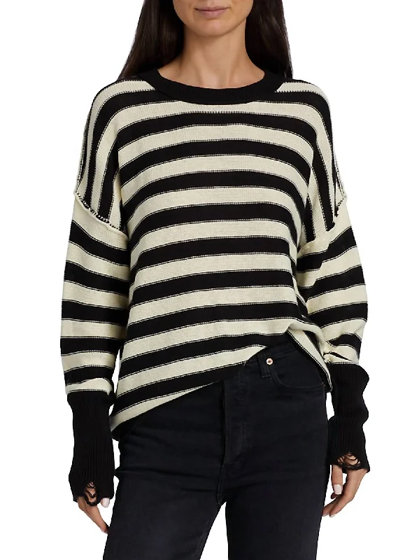 Anabelle Sweater In Black Cream Stripe Toggled Drawstring Belted