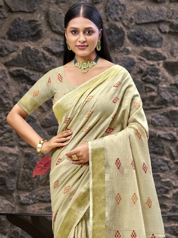 Women Cream Linen Saree With Un Stitched Blouse Chic Ruffle Blouse