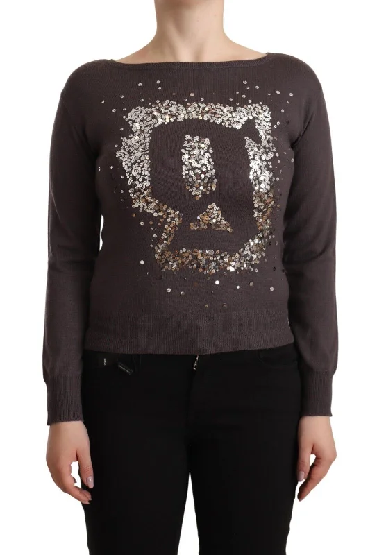 John Galliano  Wool Sequined Long Sleeves Pullover Women's Sweater Graphic Sweater Embroidered Appliqued