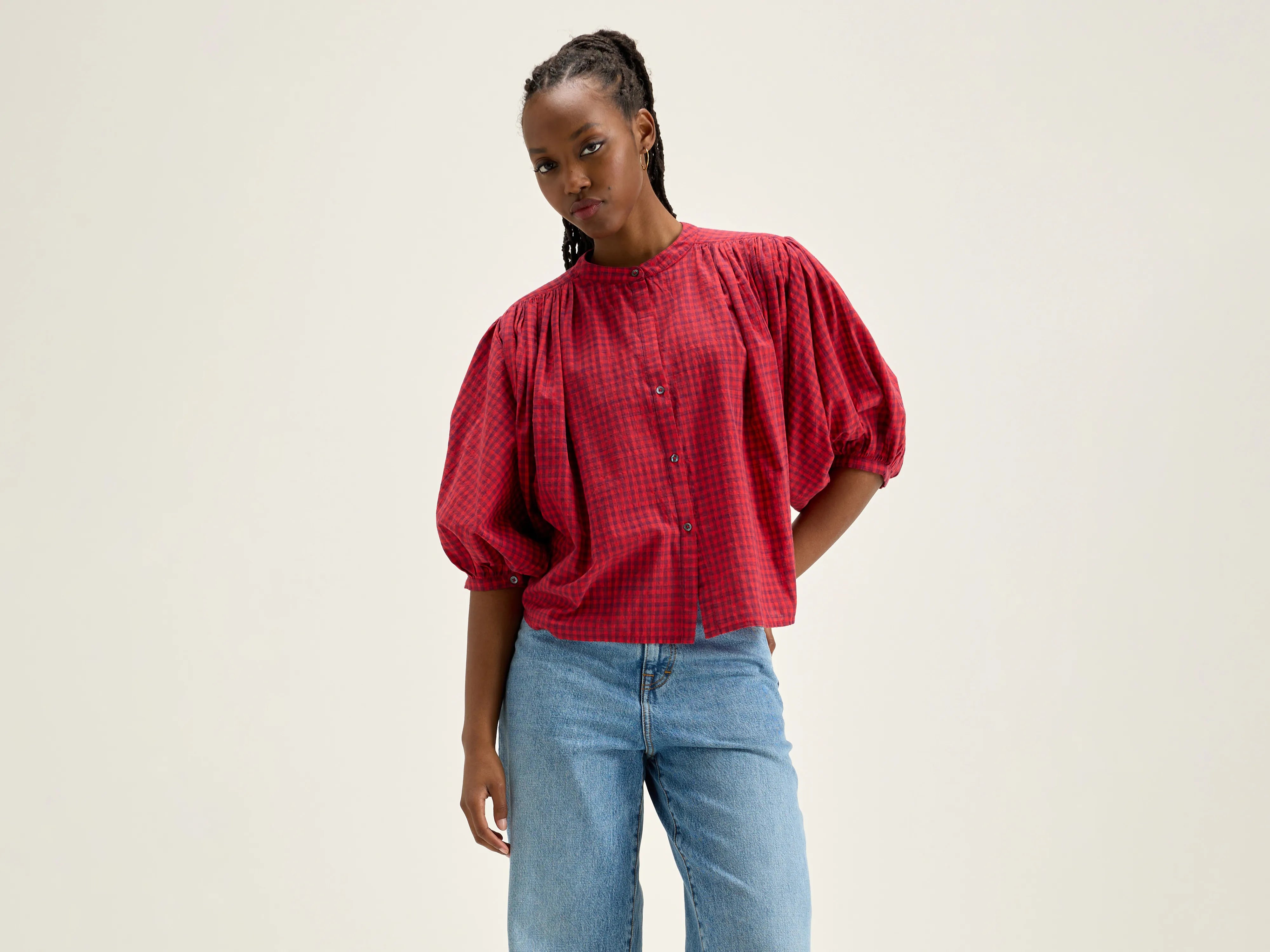 Ink cropped blouse (242 / W / CHECK A) Casual Relaxed Fit Blouse