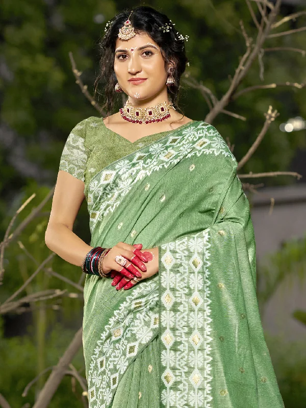 Women Light Green Linen Saree With Un Stitched Blouse Lightweight Chiffon Blouse