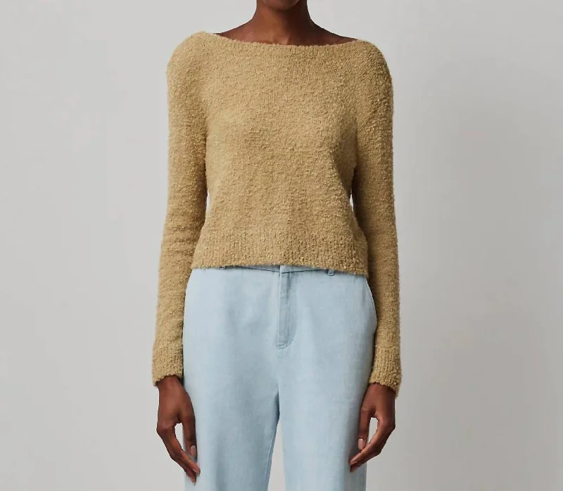 Wool Blend Boucle Long Sleeve Low Back Sweater In Soft Fawn Print Jacquard Patchwork