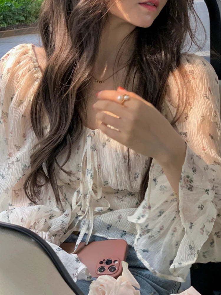 Wjczt Vintage Chiffon Floral Blouse Women Casual Flare Sleeve Party Chic Tops Female Lace-up Design Korean Style Elegant Fairy Blouse Elegant Silk Blouse