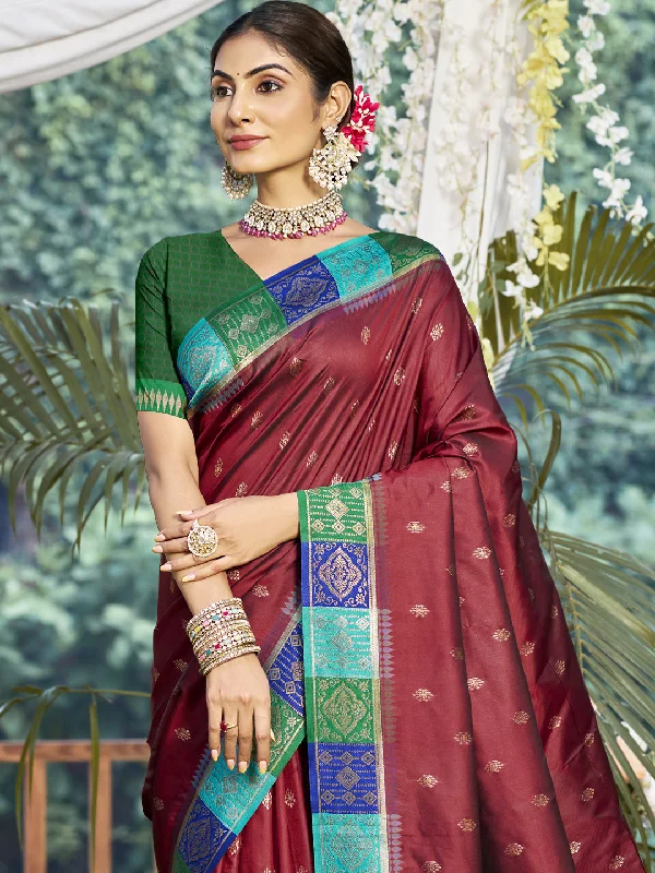 Women Maroon Silk Saree With Un Stitched Blouse Flowy Bohemian Blouse