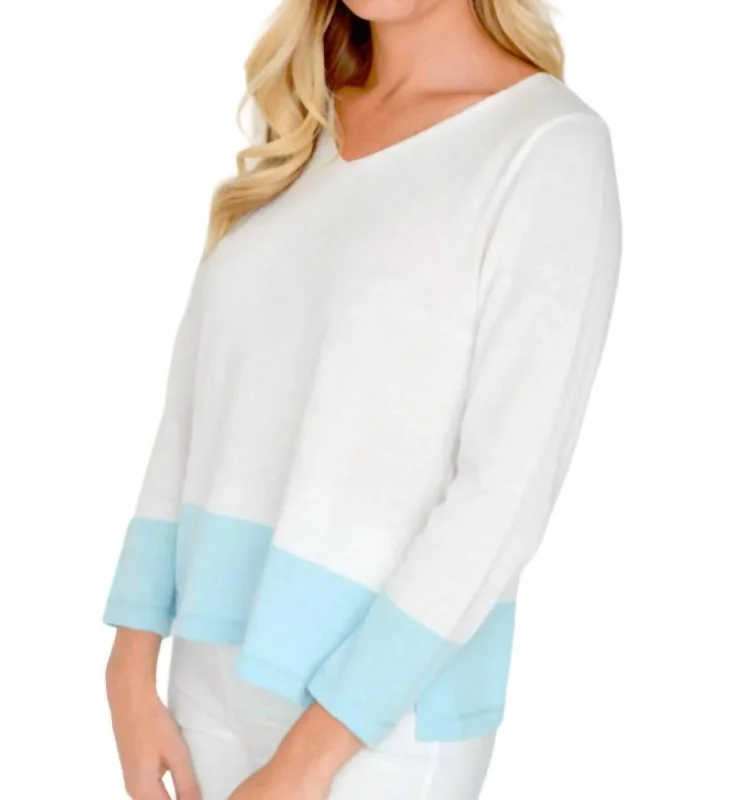 Two Tone 3/4 Sleeve Sweater In White/blue Lace Blend Ribbed Blend Corduroy Blend