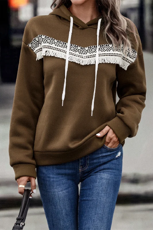 Contrast Fringe Detail Dropped Shoulder Hoodie Hoodie with Exposed Zipper Edgy Industrial