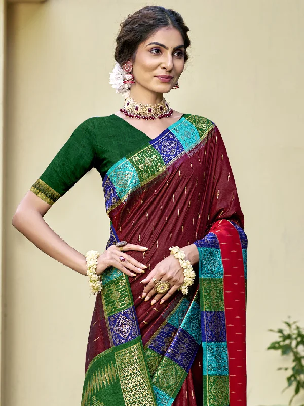Women Maroon Silk Saree With Un Stitched Blouse Lightweight Tunic Blouse