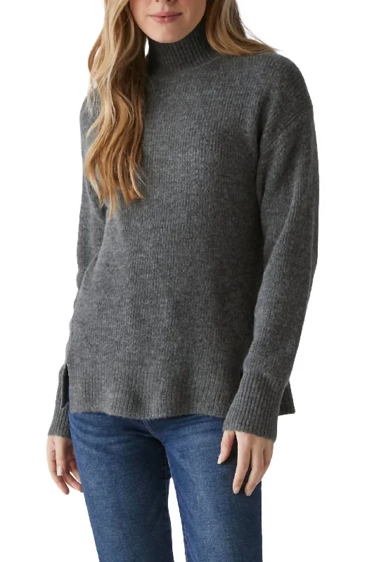 Zion Mock Neck Sweater In Charcoal Mesh Fabric Canvas Fabric Denim Fabric