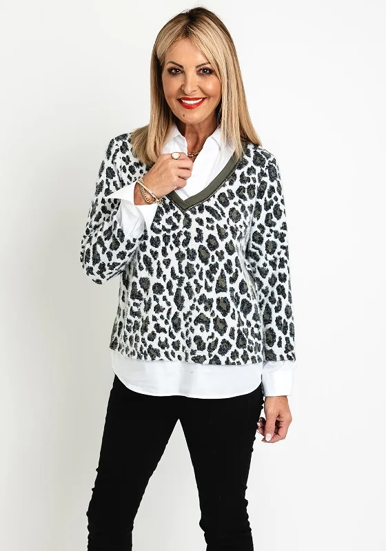 Just White Two in One Leopard Print Knit Sweater and Shirt Set, Khaki Tailored Straight A-Line Just White Two in One Leopard Print Knit Sweater and Shirt Set, Khaki Tailored Straight A-Line