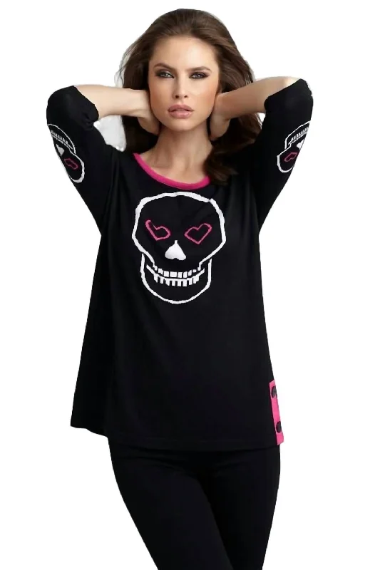 Heart & Skull Graphic Sweater In Black/fuchsia Neon Metallic Matte