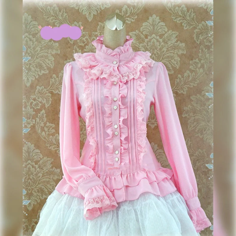 Strawberry Witch~Stand Coallr Silk Retro Lolita Blouse Sheer Sleeve Blouse