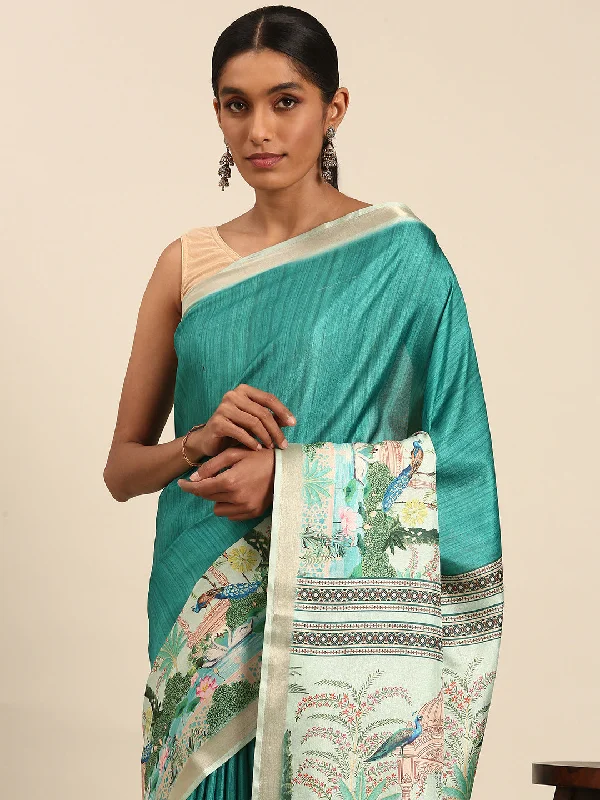 Women Turquoise Cotton Saree With Un Stitched Blouse Side Tie Blouse