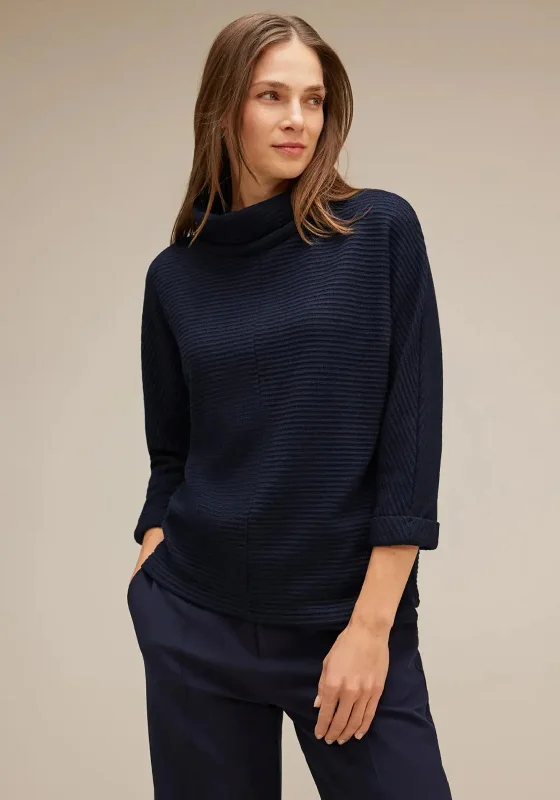 Street One Ribbed Structured Sweater, Deep Blue Embroidered Appliqued Beaded