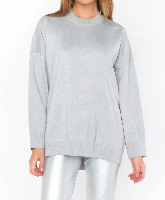 Classic Crewneck Sweater In Silver Metallic Knit Fleece Sweater Nylon Polyester