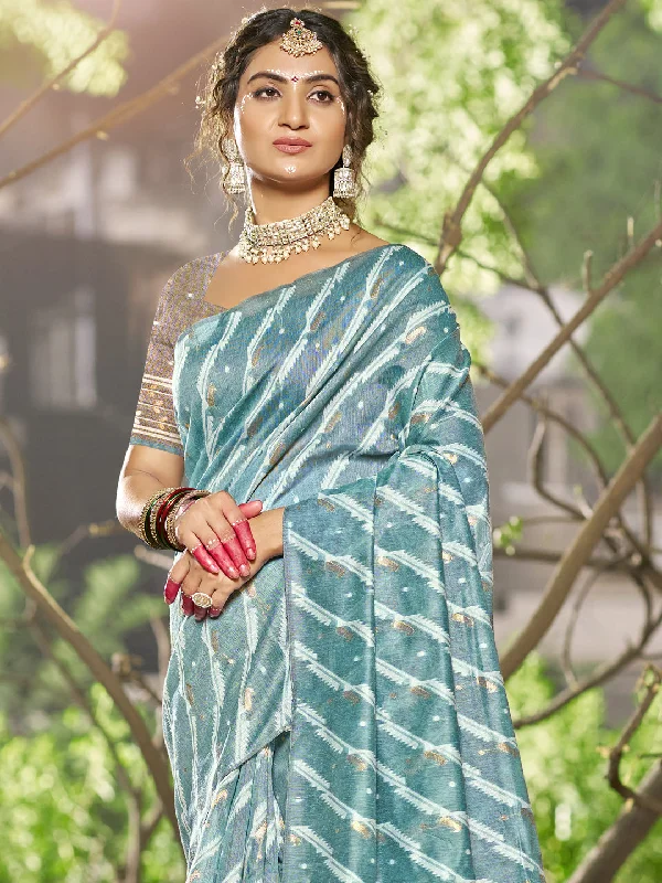 Women Sky Blue Linen Saree With Un Stitched Blouse Gathered Detail Blouse