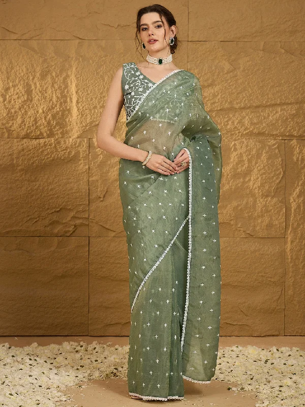 Women's Pure Chiffon Sea Green Embellished Designer Saree With Blouse Piece Silky Draped Blouse Women's Pure Chiffon Sea Green Embellished Designer Saree With Blouse Piece Silky Draped Blouse