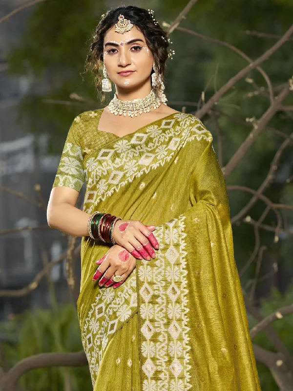 Women Olive Green Linen Saree With Un Stitched Blouse Playful Puff Blouse