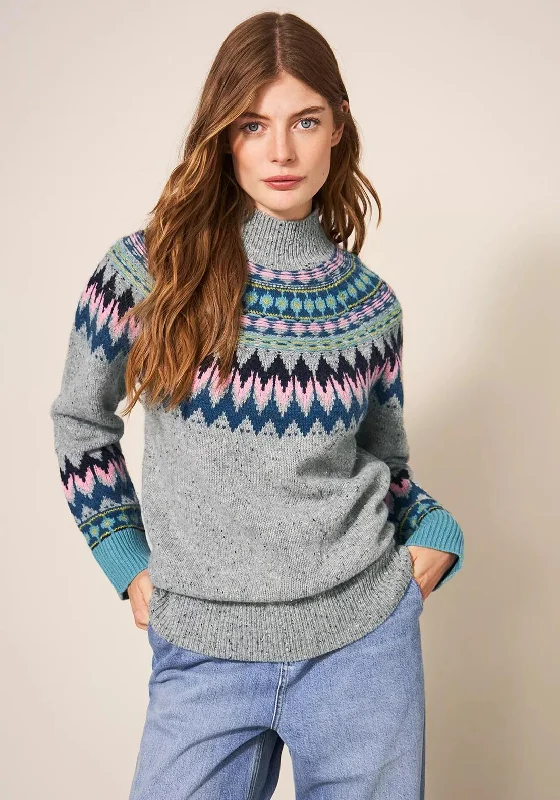 White Stuff Izzy Fairisle Jumper, Grey Multi Cashmere Blend Cotton Blend Poly Blend