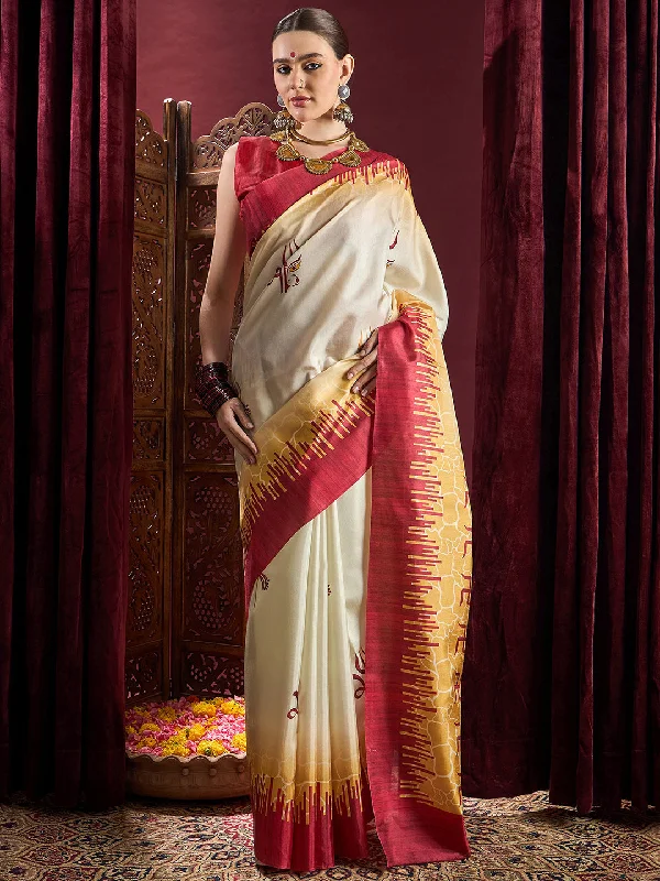 Women's Silk Blend Off White Printed Celebrity Saree With Blouse Piece Elegant Peplum Blouse Women's Silk Blend Off White Printed Celebrity Saree With Blouse Piece Elegant Peplum Blouse