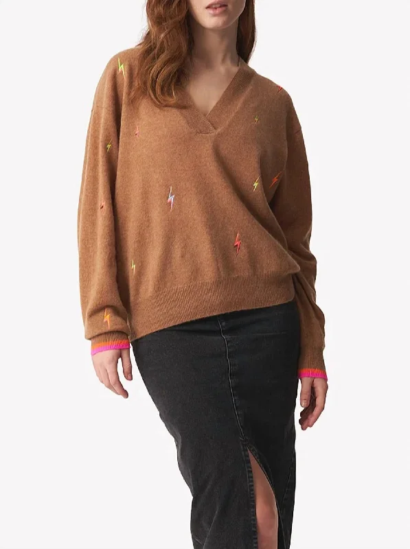 Lightning Bolt V Neck Sweater In Chestnut Denim Fabric Leather Fabric Suede Fabric