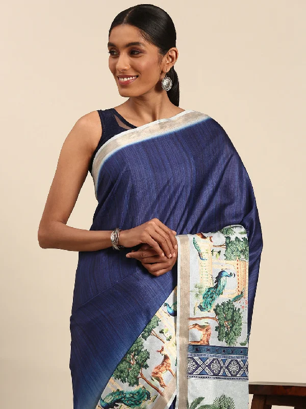Women Blue Cotton Saree With Un Stitched Blouse Satin Long Blouse