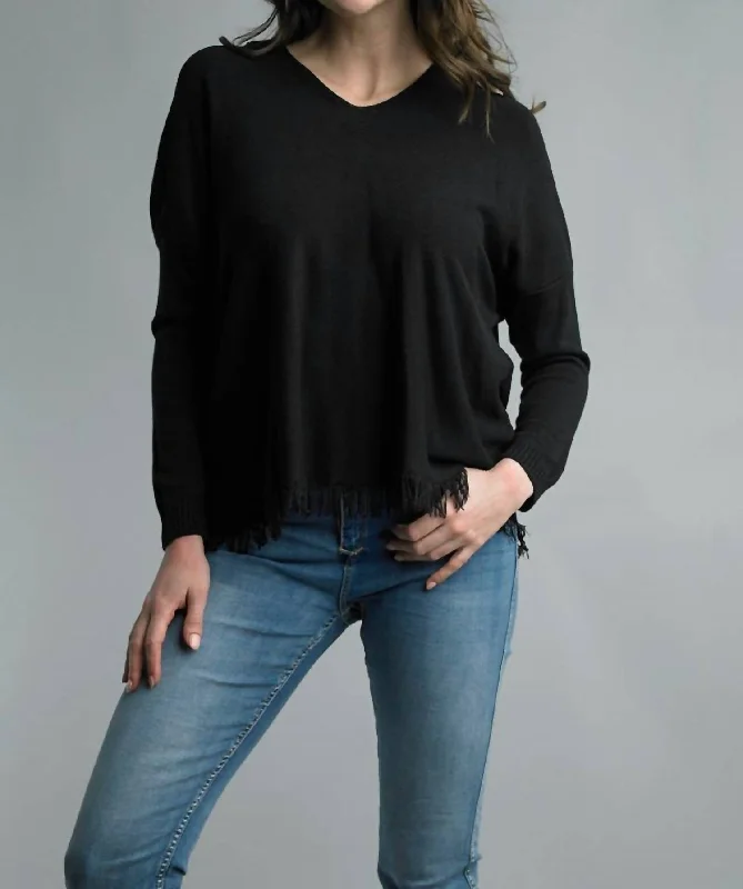 V-Neckline Fringe Hem Sweater In Black Lace Blend Ribbed Blend Corduroy Blend
