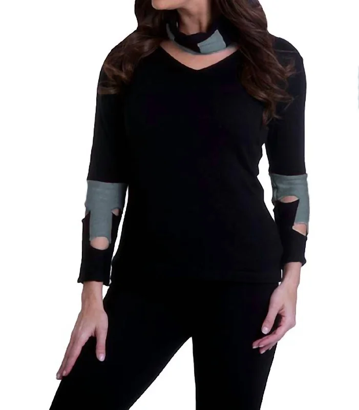 Cut Work Sweater With Scarf In Black/gray Denim Fabric Leather Fabric Suede Fabric