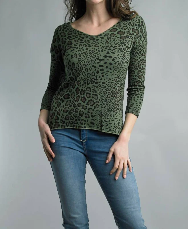 Leopard Print V Neck Sweater In Olive Solid Color Striped Floral Print
