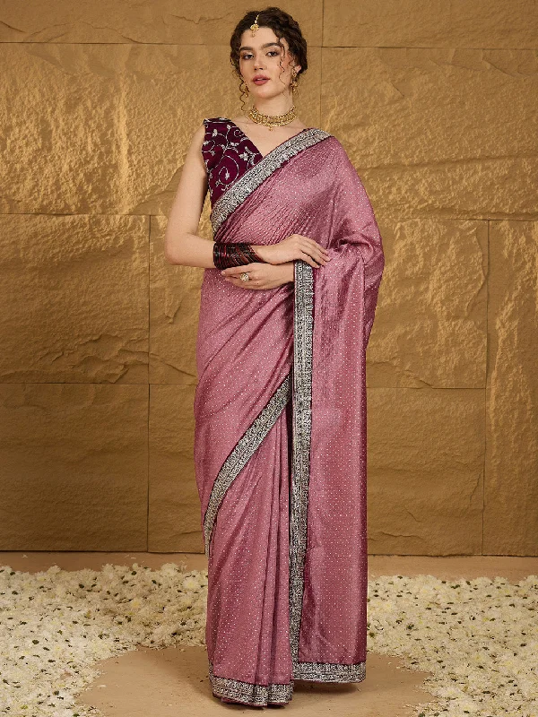 Women's Vichitra Silk Mauve Embroidered Designer Saree With Blouse Piece Classic Minimalist Blouse Women's Vichitra Silk Mauve Embroidered Designer Saree With Blouse Piece Classic Minimalist Blouse