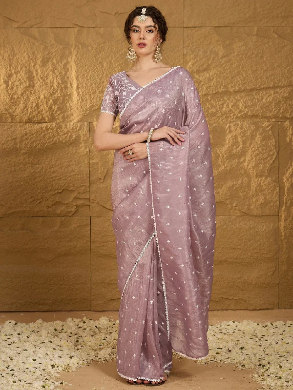 Women's Pure Chiffon Lavender Embellished Designer Saree With Blouse Piece Polished Work Blouse