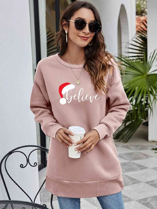 BELIEVE Graphic Tunic Sweatshirt Hoodie with Hem Lace Feminine Delicate
