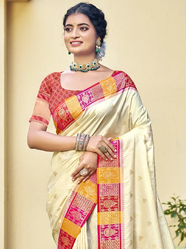 Women Cream Silk Saree With Un Stitched Blouse Stylish Wrap Blouse