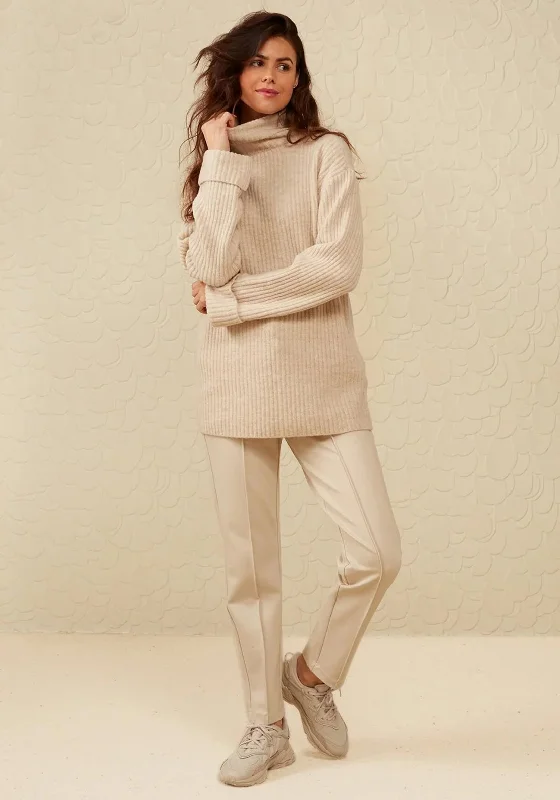 YAYA Turtleneck Ribbed Sweater, Beige Ribbed Striped Patterned