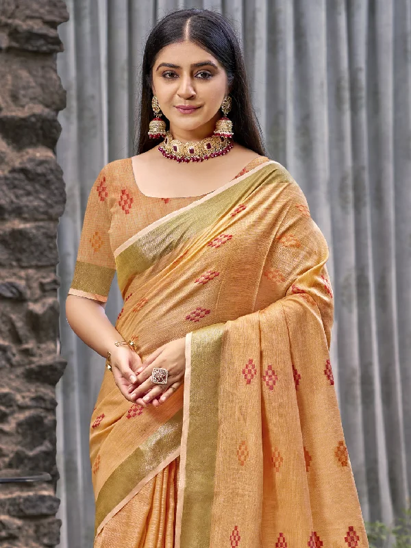 Women Orange Linen Saree With Un Stitched Blouse Elegant Semi-Sheer Blouse