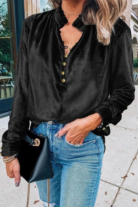 Velvet Button Frilled Neck Blouse Top Elegant Lace Blouse