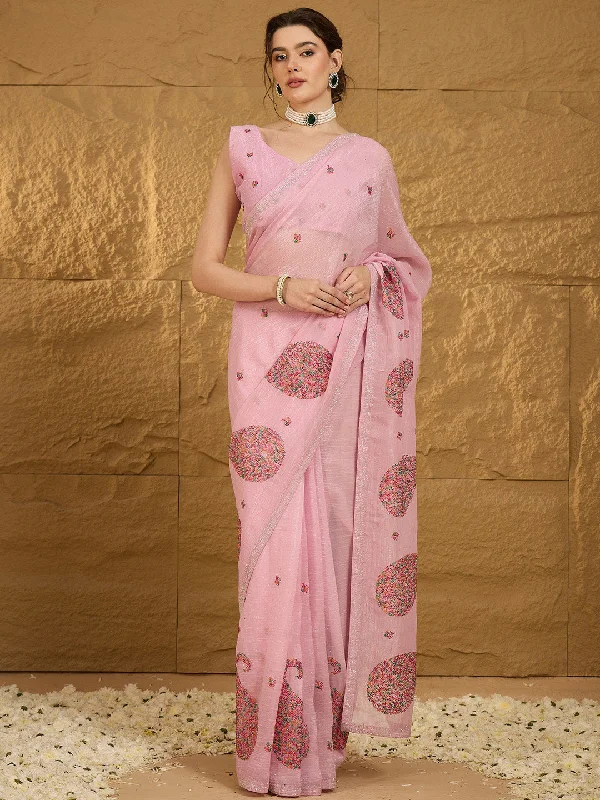 Women's Chiffon Pink Embellished Designer Saree With Blouse Piece Cotton Casual Blouse Women's Chiffon Pink Embellished Designer Saree With Blouse Piece Cotton Casual Blouse