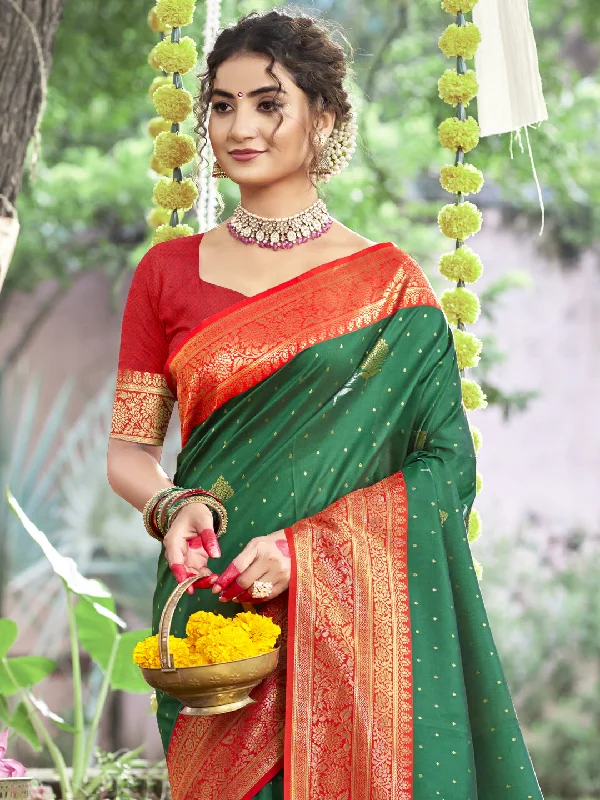 Women Green Silk Saree With Un Stitched Blouse Sheer Mesh Blouse