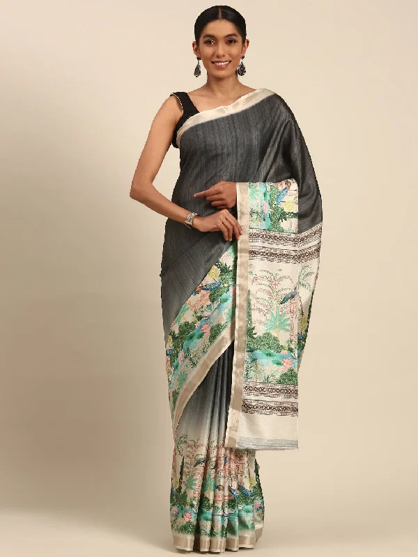 Women Grey Cotton Saree With Un Stitched Blouse Lightweight Tunic Blouse