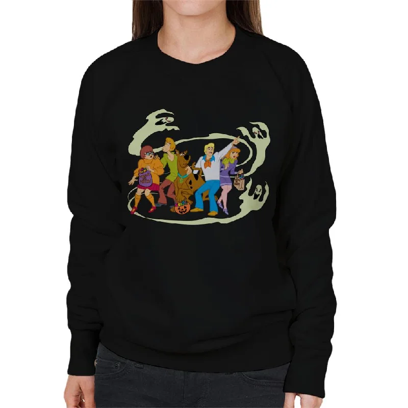 Scooby Doo Halloween Gang Surrounded By Ghosts Women's Sweatshirt Hoodie with Mock Neck Collared Structured Scooby Doo Halloween Gang Surrounded By Ghosts Women's Sweatshirt Hoodie with Mock Neck Collared Structured
