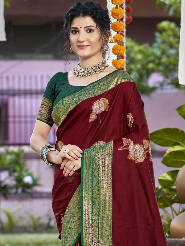 Women Maroon Silk Saree With Un Stitched Blouse Semi-Sheer Blouse