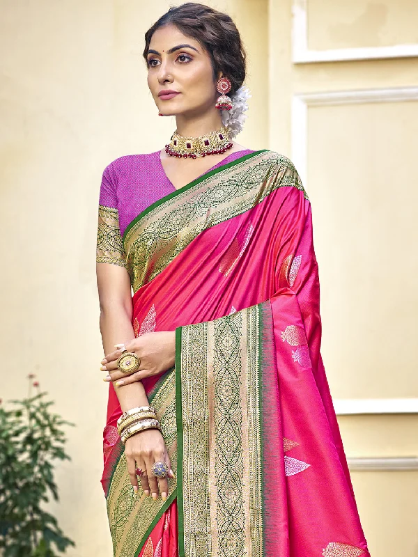 Women Rani Silk Saree With Un Stitched Blouse Double Button Blouse