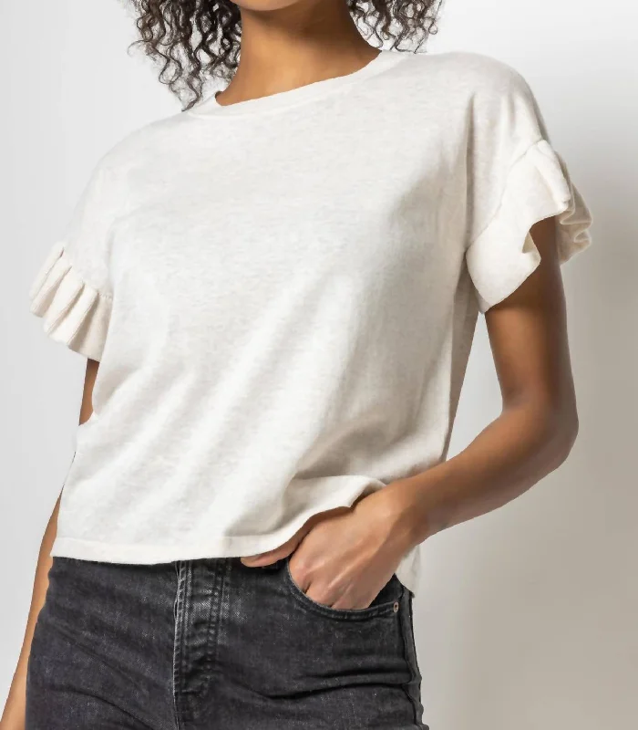 Ruffle Sleeve Crew Neck Sweater In Oat Glossy Satin Silk