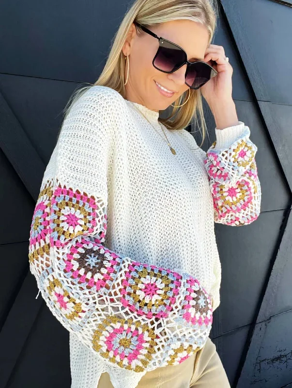 Crochet Sleeve Sweater In Ivory Long Sweater Short Sweater Cropped Sweater