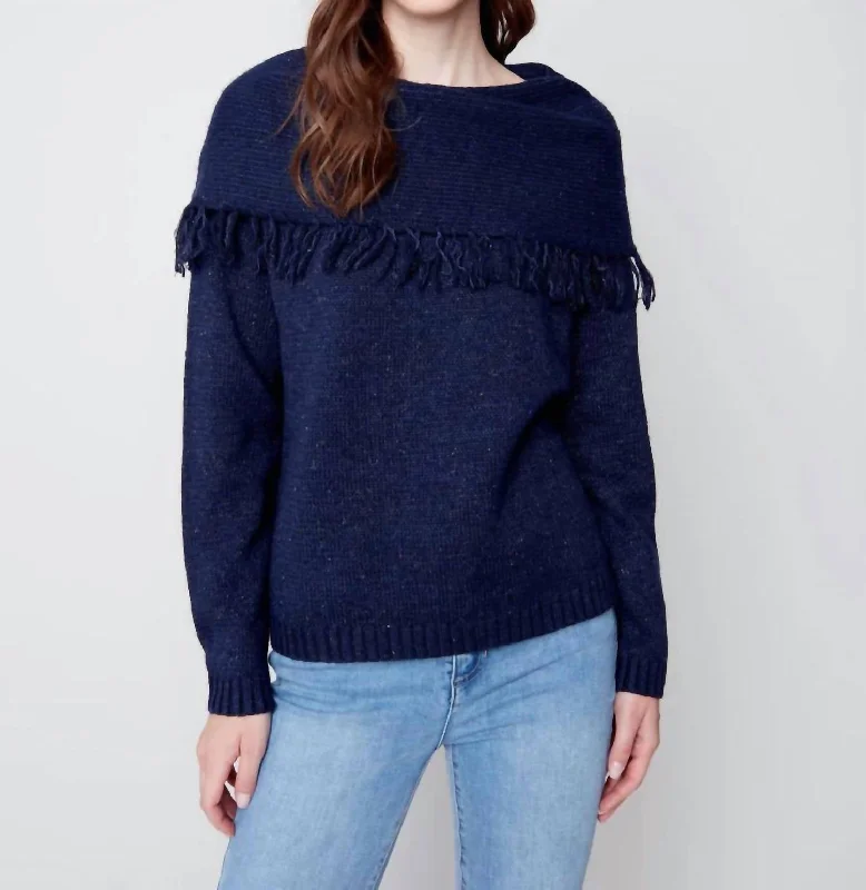 Fringed Cowl Neck Sweater In Denim Turtle Neck Boat Neck Asymmetrical Neck